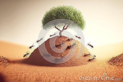 large team of ants carrying grains of sand and eating into their anthill under tree Stock Photo