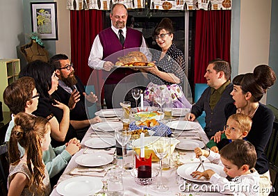 Large Retro Family Thanksgiving Dinner Turkey Stock Photo