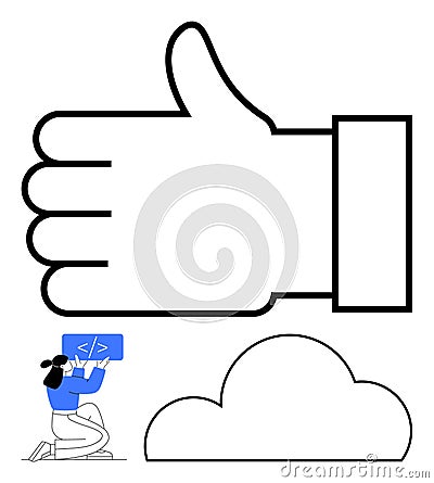 Large thumbs-up symbol, programmer holding a code graphic, and cloud icon representing positivity and cloud computing Vector Illustration