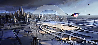 A large transportation hub next to the city, a digital illustration of the sense of future technology Cartoon Illustration