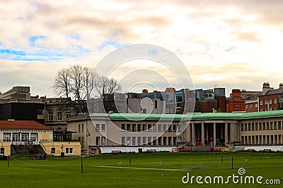 A large tree on a green lawn at Trinity College in Dublin. Editorial Stock Photo