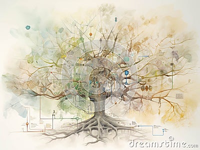 A large tree with multiple paths connecting the branches representing the network of successful business collaborations Stock Photo