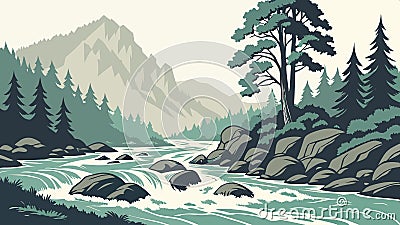 Large tree standing alone in a field with mountains backdrop artwork vector design Generative AI Vector Illustration
