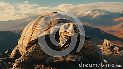 A large turtle sitting on top of a rocky hill. Generative AI image. Stock Photo