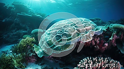 a large turtle swimming over a coral covered ocean floor in the sunlight Stock Photo