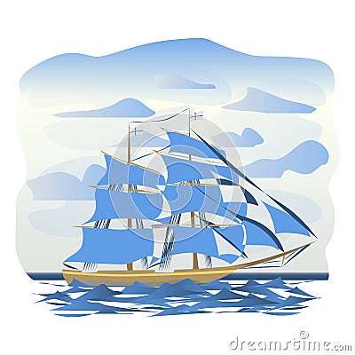 Large two-masted sailing ship at sea. Brig in cartoon style. Big waves Vector Illustration