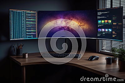 Large Ultrawide Monitor With Multiple Windows Open For Productivity. Generative AI Stock Photo