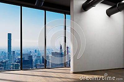 large urban skyline loft office with white wall and canvas mock up copy spacepanoramic window skyline view, 3D Illustration Stock Photo