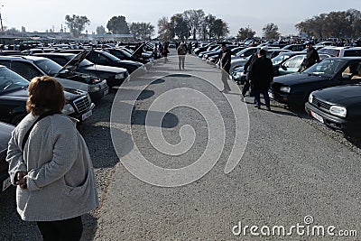 Large used car open air market RIOM Auto in Bishkek, Kyrgyzstan Editorial Stock Photo