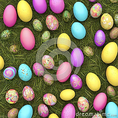 Large variety of colourful mixed Easter eggs laid out on green grass Stock Photo