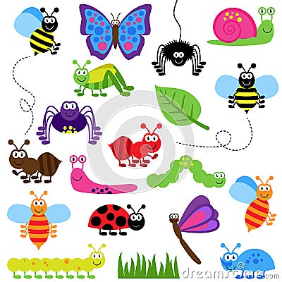 Large Vector Set of Cute Cartoon Bugs Vector Illustration