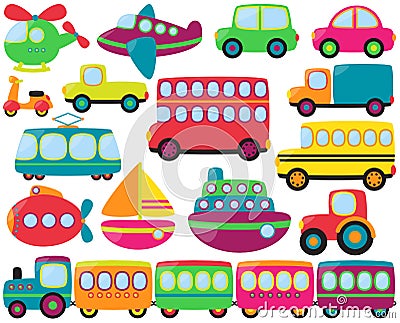 Large Vector Set of Cute Transportation Vehicles Vector Illustration