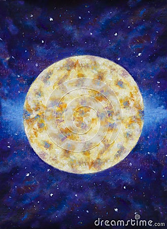 A large warm glowing moon in a blue violet starry space. Cartoon Illustration