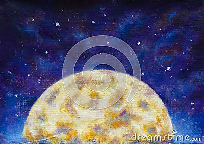 A large warm glowing moon in a blue violet starry space. Cartoon Illustration