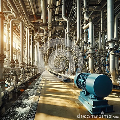 Large water pump motor system in industrial plants with AI generated Stock Photo