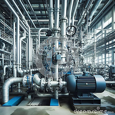 Large water pump motor system in industrial plants with AI generated Stock Photo