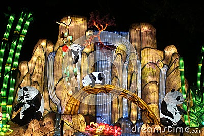 A large waterfall lantern with several lantern pandas Stock Photo