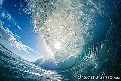 A Large Wave Crashing in the Middle of the Ocean, A view from the bottom of a towering wave, with the sun shining through, AI Stock Photo