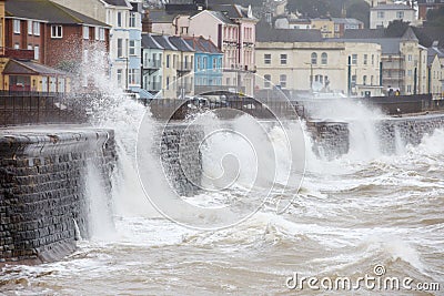 Large Waves Breaking Against Sea Wall At Dawlish In Devon Stock Photo