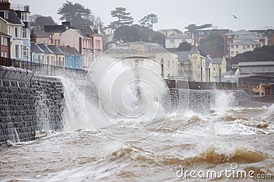 Large Waves Breaking Against Sea Wall At Dawlish In Devon Stock Photo