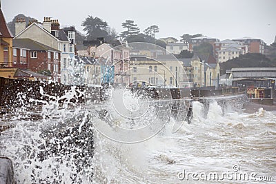 Large Waves Breaking Against Sea Wall At Dawlish In Devon Stock Photo