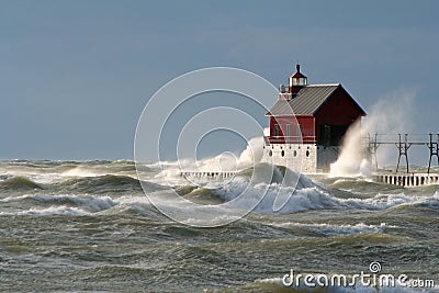 Large waves at Grand Haven Lighthouse Stock Photo