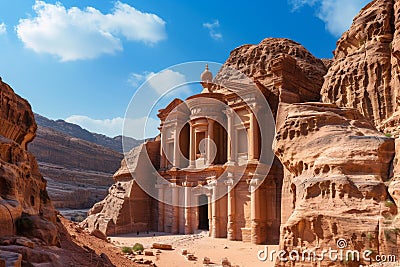 A large, weathered industrial building stands in the vast emptiness of the desert landscape, The Al-Kazneh temple located in the Stock Photo