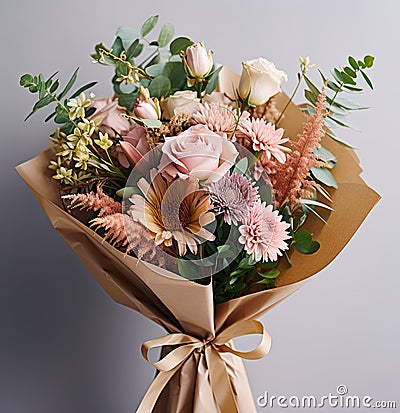 A large wedding bouquet of roses and pink flowers on a gray background. Generated by AI Stock Photo