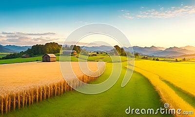 Large wheat in field at a beautiful sunset of nature landscape in sun. Extended rich harvest. Areas agricultural production. Stock Photo
