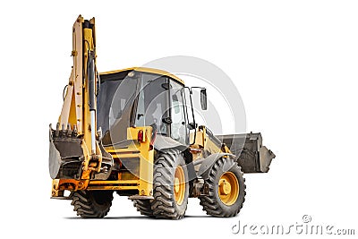 Large wheeled excavator loader or bulldozer on a white isolated background with a bucket raised up. Universal construction Stock Photo