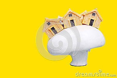 Large white button mushroom with small houses Stock Photo