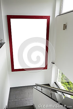 Large White Isolated Space Advertisement Staircase Red Frame Mod Stock Photo