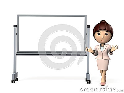 A large whiteboard and next to it, a female Asian business person Cartoon Illustration