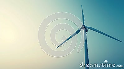 A large wind turbine in the sky with a plane flying by, AI Stock Photo