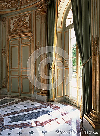 Large window, curtains and marble floor at Versailles Palace Editorial Stock Photo