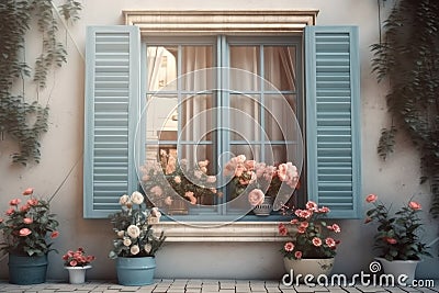 Large window with shutters and roses in pots, pastel colors. AI generative Stock Photo