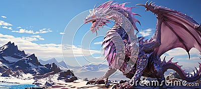 Pink winged dragon with a full-length figure on a mountain landscape background. Generative ai Stock Photo