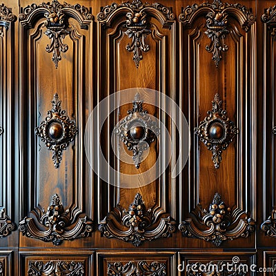 Large Wooden Cabinet With Ornate Carvings Stock Photo