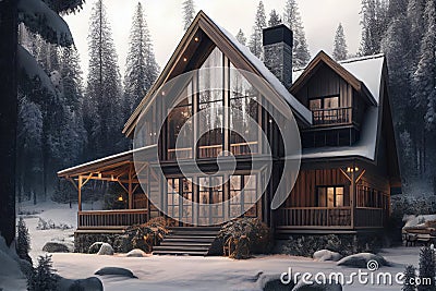 large wooden house with window of living room exterior of the winter chalet Stock Photo