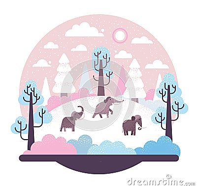 Large woolly mammoth walking on an ice floe- vector illustration with hill, trees in the snow and three prehistoric Vector Illustration