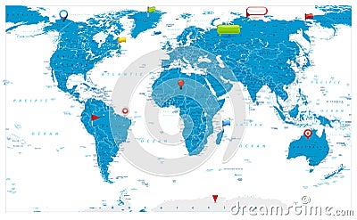 Large World Map and glossy icons on map Vector Illustration