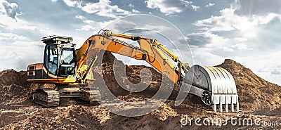 A large yellow crawler excavator moving stone or soil in a quarry. Heavy construction hydraulic equipment. excavation. Rental of Stock Photo