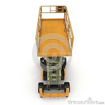 Large yellow extended scissor lift platform on white. Front view. 3D illustration Cartoon Illustration