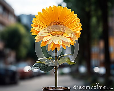a large yellow flower in a pot on a street Stock Photo