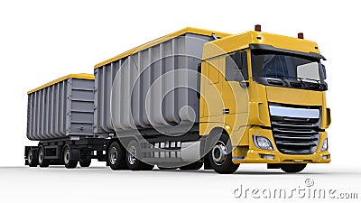 Large yellow truck with separate trailer, for transportation of agricultural and building bulk materials and products. 3d renderin Stock Photo