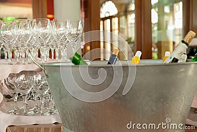 Large zinc bottle rack with various medium flat bottles Stock Photo