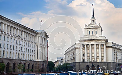 Largo building, architectural complex in Independence Square, includes headquarters of parliament,National Assembly of Bulgaria. Stock Photo