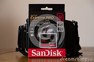 Sandisk branded Extreme Pro Compact Flash card in packaging that is fully recyclable Editorial Stock Photo