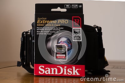 Sandisk branded Extreme Pro SDHC UHS-11 Card card in packaging that is fully recyclable Editorial Stock Photo