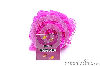 Superdrug Branded Body Puff Shower Sponge with Cardboard label which is Recyclable Editorial Stock Photo